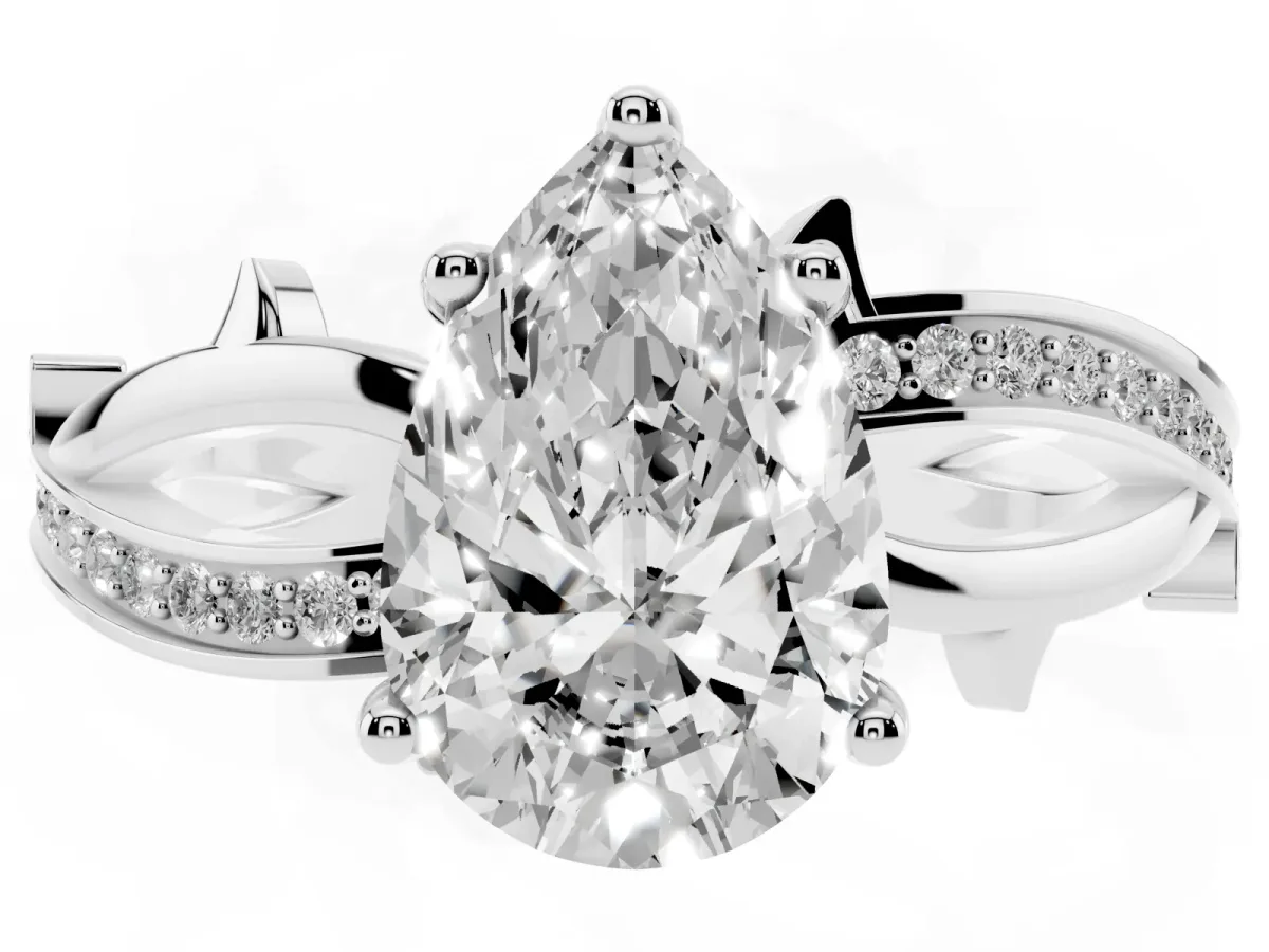 Pear Cut Solitaire Twist Band with Pavé Accents and Four-Prong Setting Platinum