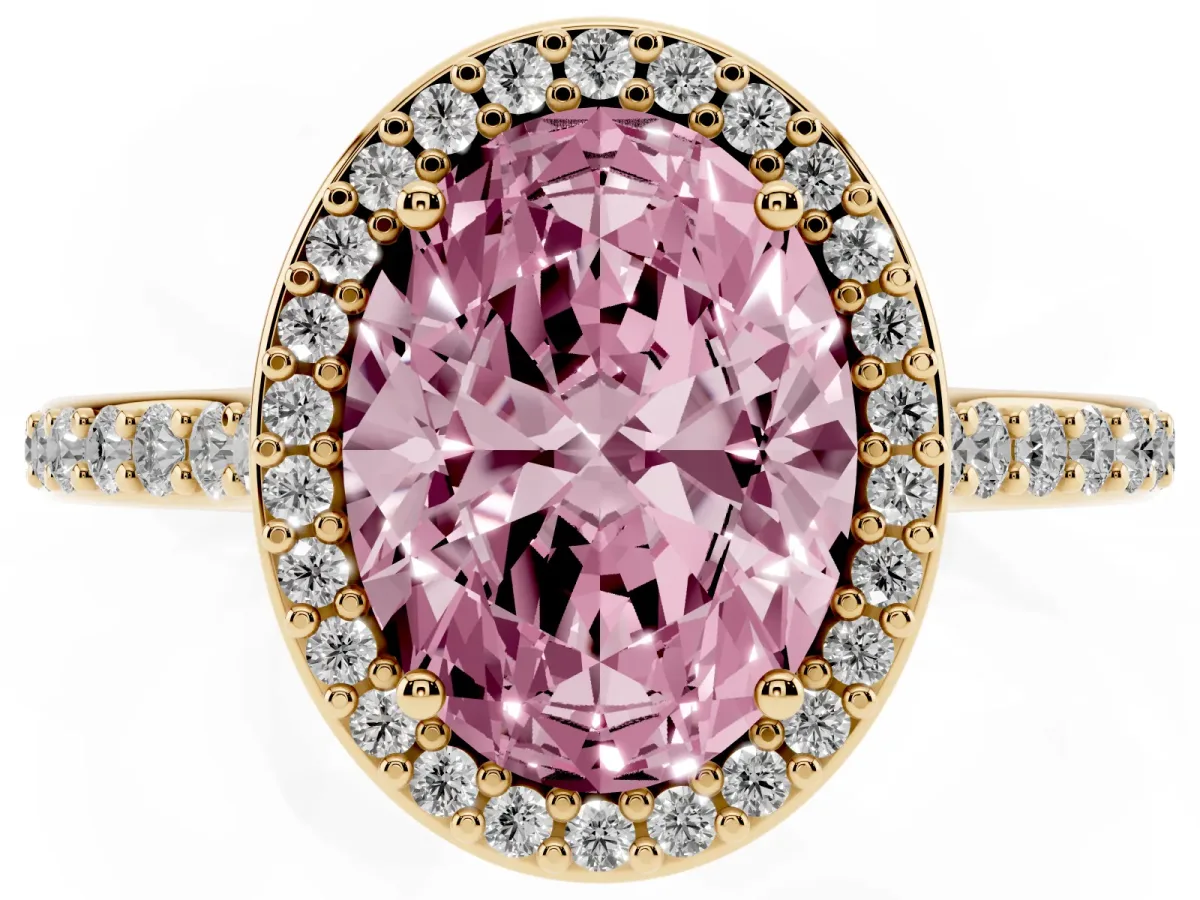 Fancy Pink Oval Cut Diamond Halo Engagement Ring with Round Pavé Shoulders and Prong Setting Yellow gold