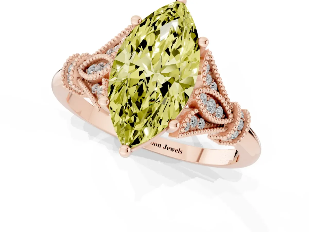 Fancy Yellow Marquise Cut Diamond Solitaire Ring with Floral Filigree and Pave Accents Rose gold