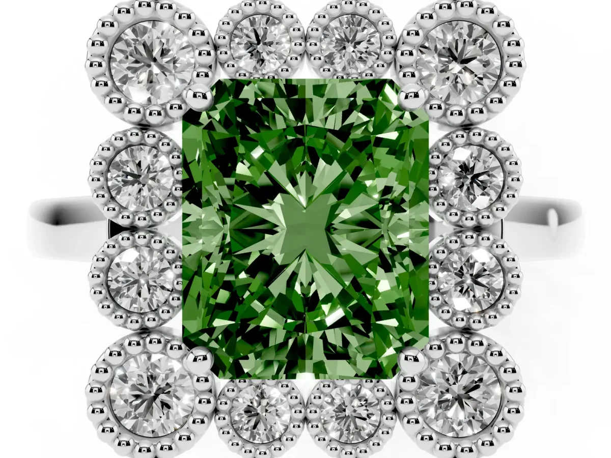 Fancy Green Radiant Cut Halo Diamond Cluster Engagement Ring with Milgrain Bezel Setting and Solitaire Band White gold