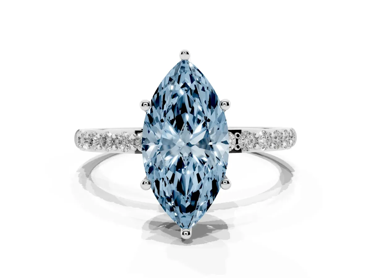 Fancy Blue Marquise Cut Diamond Solitaire Ring with Round Pavé Shoulders and Prong Setting Silver