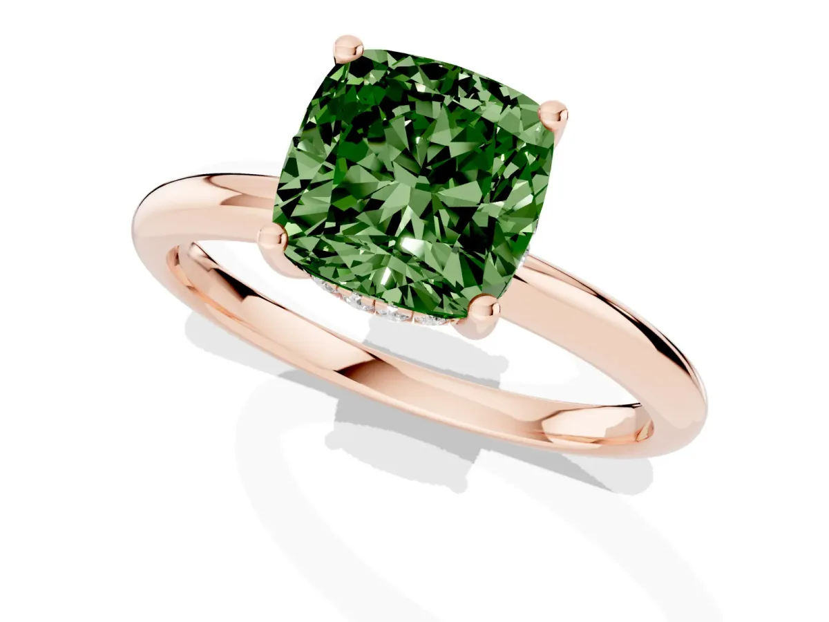 Fancy Green Cushion Cut Cut Solitaire Engagement Ring with Four-Prong Setting and Classic Band Rose gold