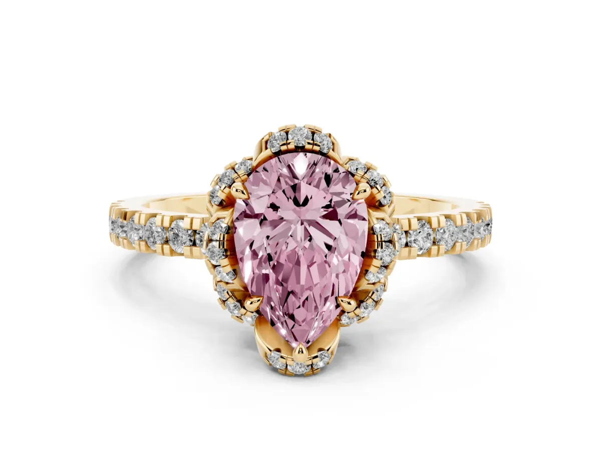 Fancy Pink Pear Cut Halo Diamond Pave Band Ring with Four-Prong Setting Yellow gold