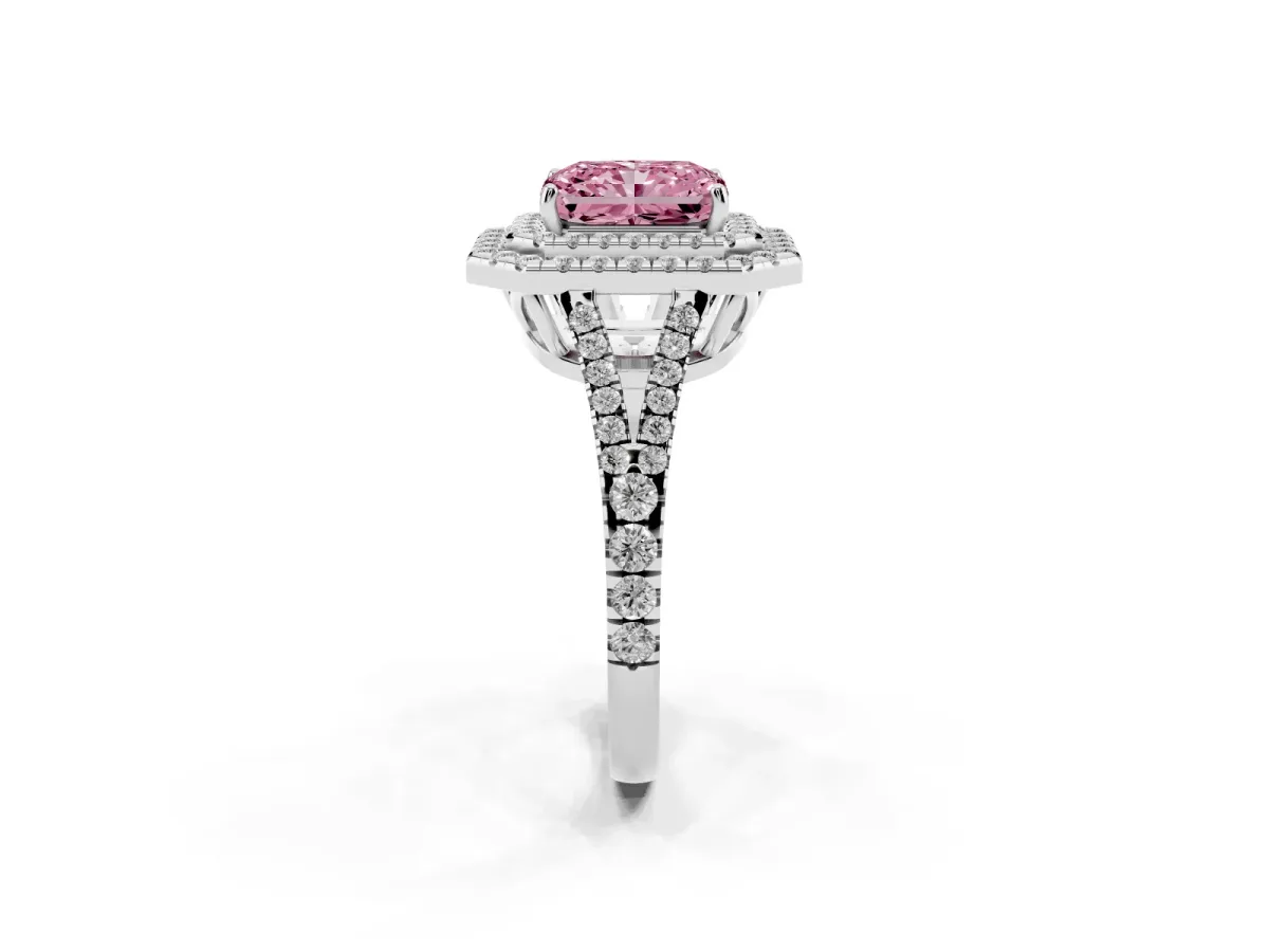 Fancy Pink Radiant Cut Diamond Double Halo Ring with Pavé Band and Prong Setting Silver