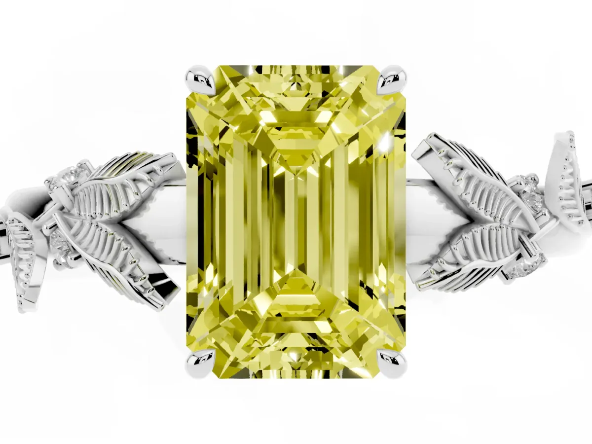 Fancy Yellow Emerald Cut Diamond Solitaire Ring with Leaf Motif Band and Four-Prong Setting Silver
