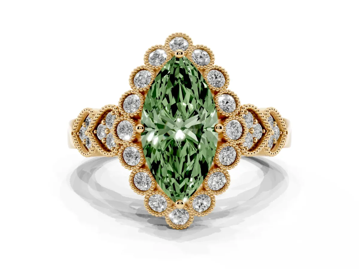 Fancy Green Marquise Cut Brilliant Milgrain Pave Heart Band Solitaire Ring Yellow gold