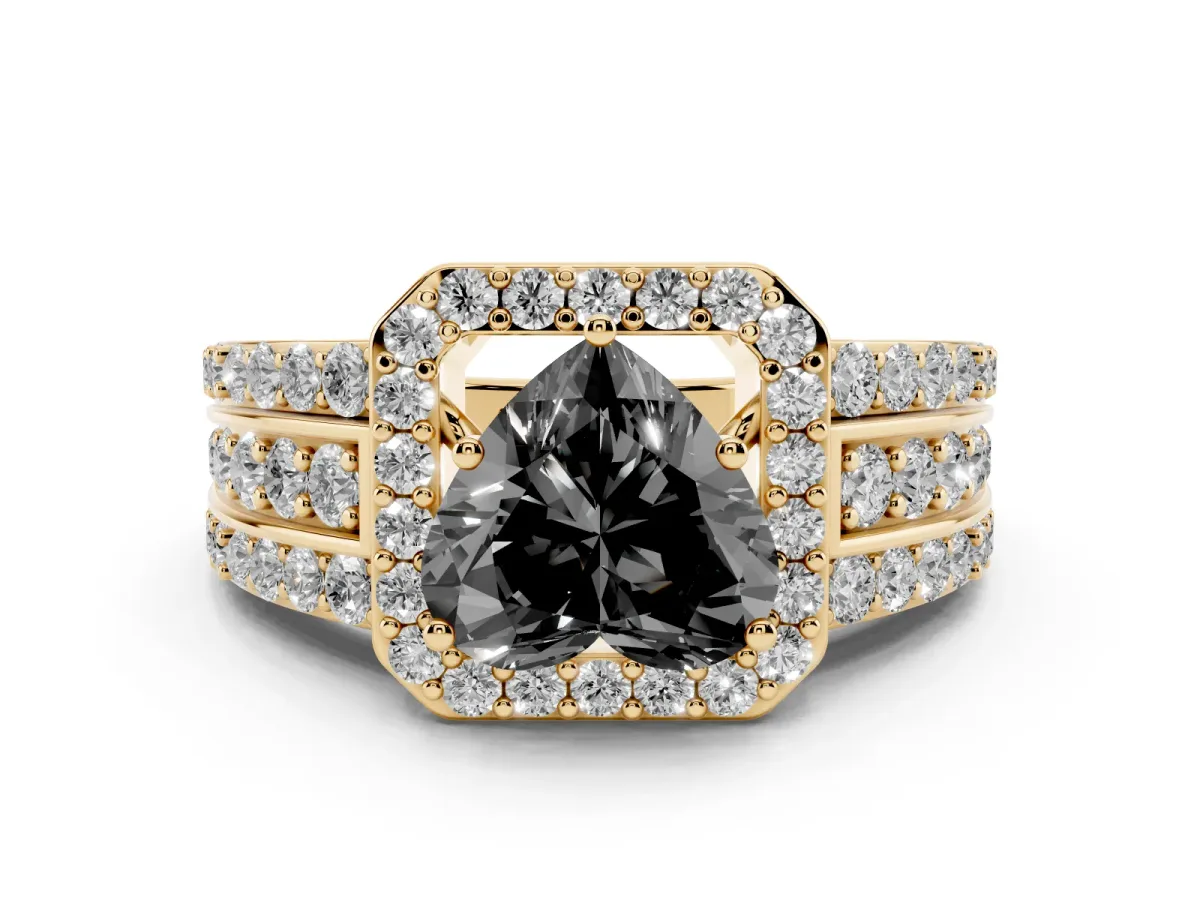 Fancy Black Heart Cut Halo Diamond Ring with Round Split Shank and Prong Setting Yellow gold