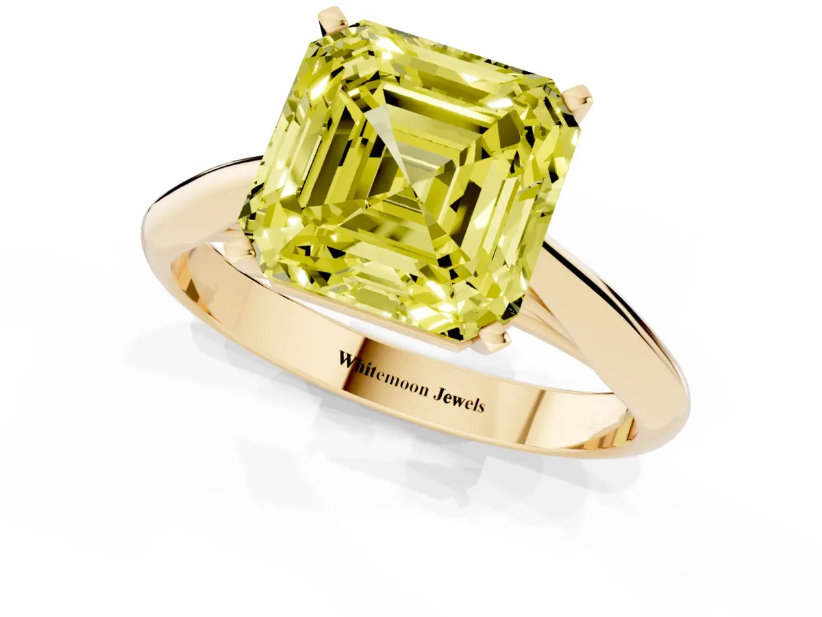 Fancy Yellow Asscher Cut Diamond Solitaire Engagement Ring with Cathedral Setting and Four-Prong Mount Yellow gold