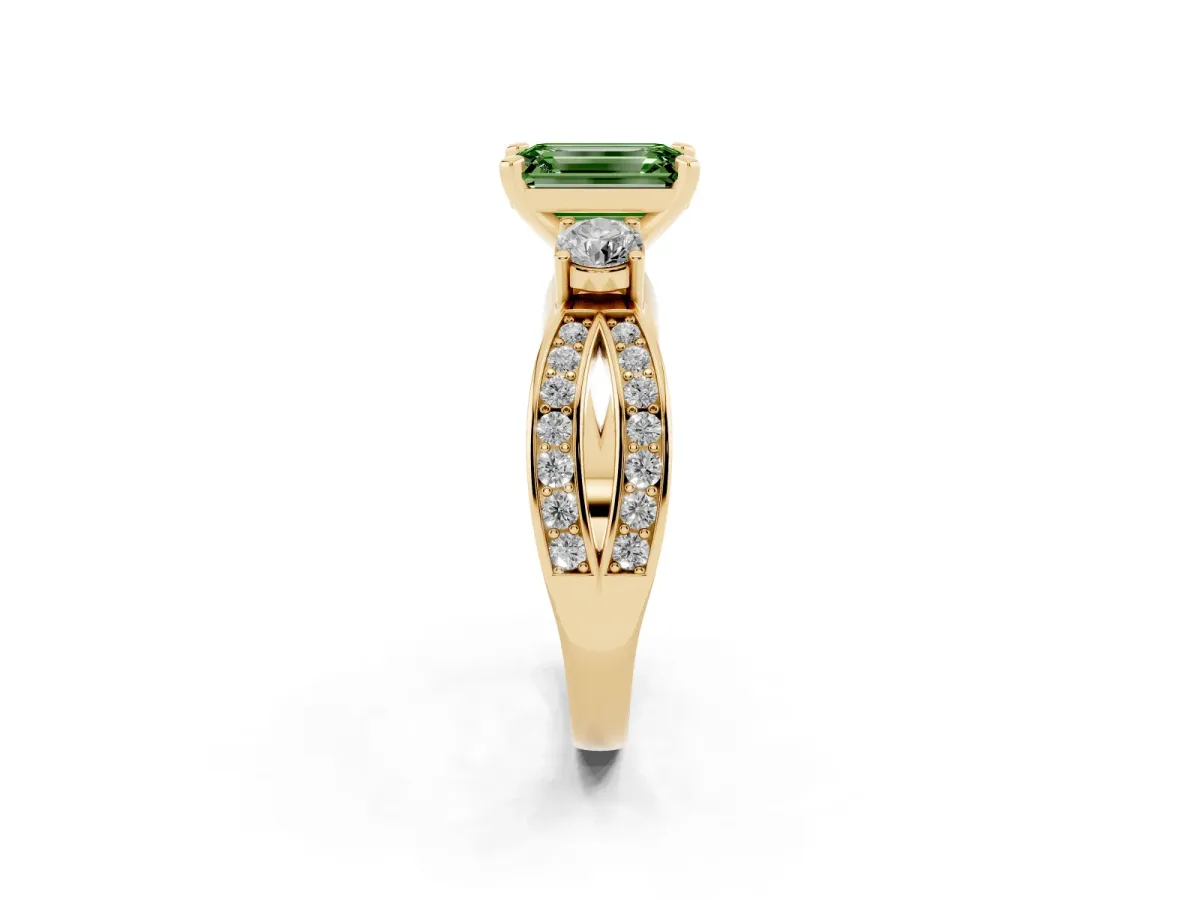 Fancy Green Three-Stone Emerald Cut Cut Diamond Twist Band with Prong Setting Yellow gold