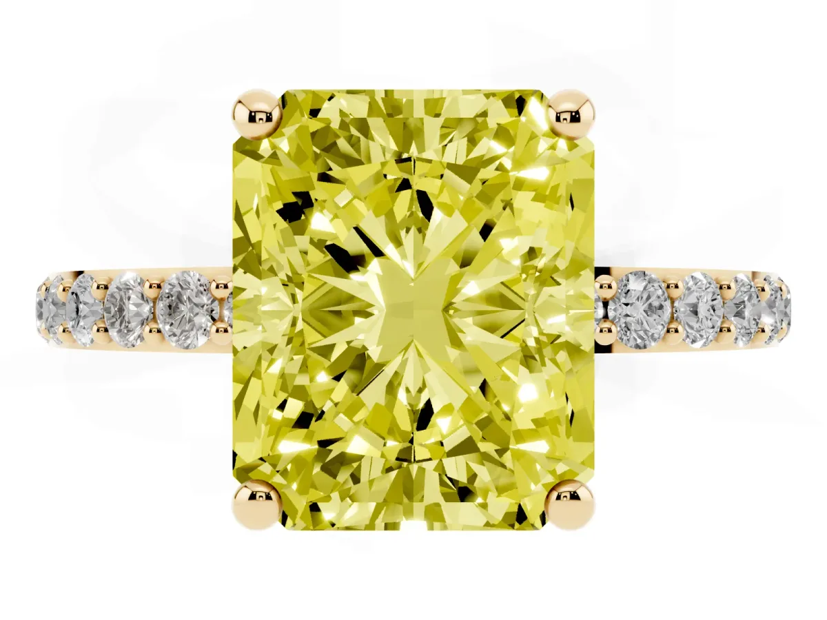 Fancy Yellow Radiant Cut Diamond Solitaire Ring with Round Pavé Band and Prong Setting Yellow gold