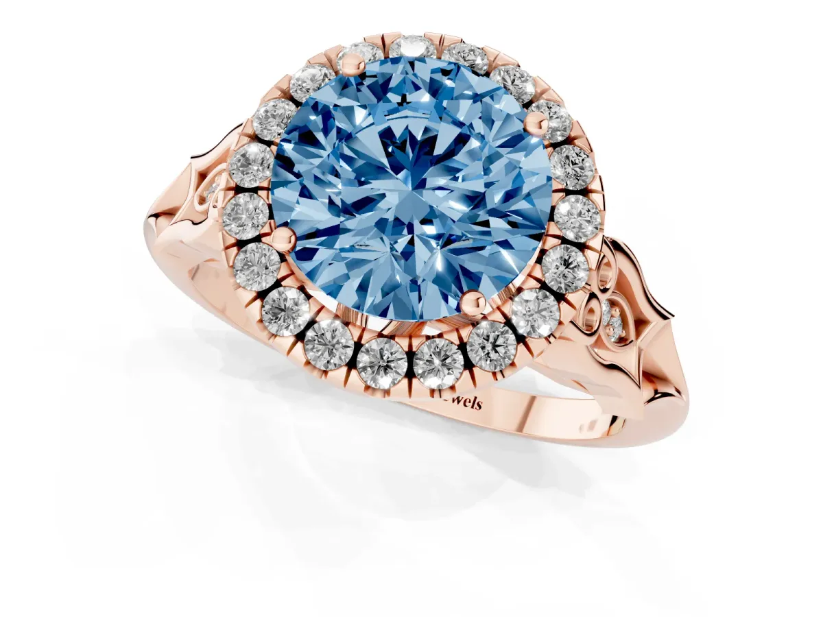 Fancy Blue Round Cut Halo Diamond Engagement Ring with Filigree Band and Four-Prong Setting Rose gold
