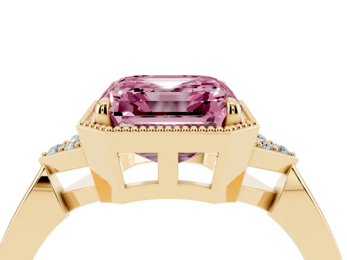 Fancy Pink Hexagonal Halo Asscher Cut Diamond Solitaire with Pavé Band and Four-Prong Setting Yellow gold
