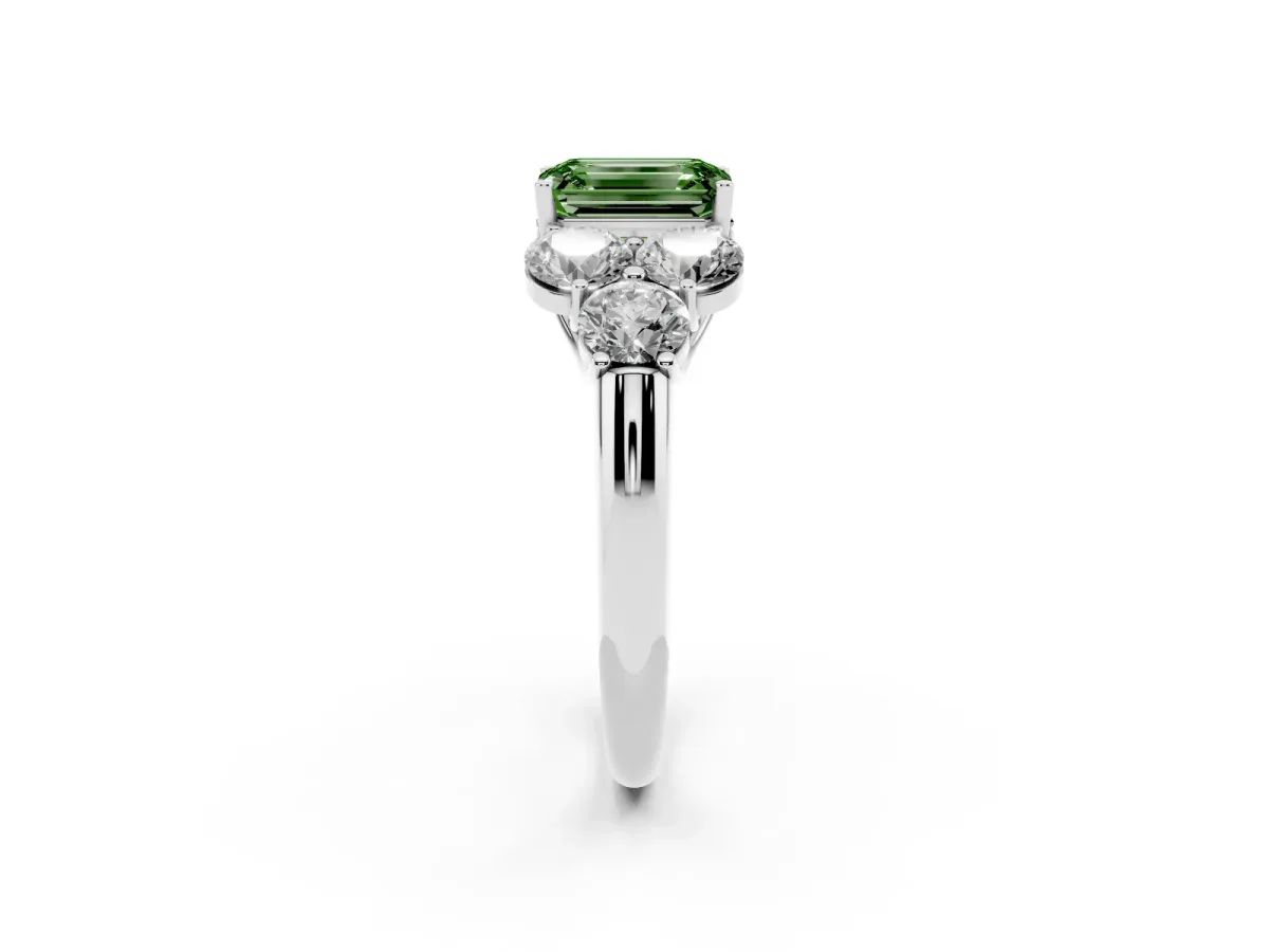 Fancy Green Emerald Cut Cut Diamond Cluster Ring with Round Accent Stones and Prong Setting on a Classic Band White gold