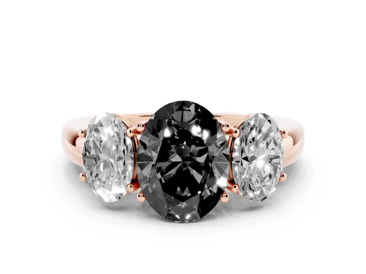 Fancy Black Oval Cut Diamond Three-Stone Ring with Four-Prong Setting and Classic Band Rose gold