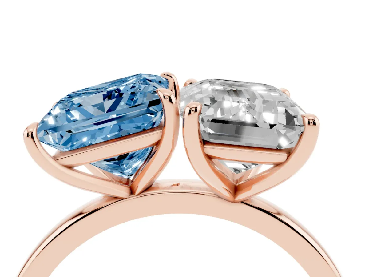 Fancy Blue Princess Cut and Emerald Cut Toi Moi Ring with Prong Setting Rose gold