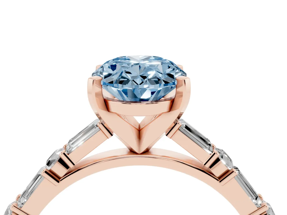 Fancy Blue Oval Cut Diamond Solitaire with Side Baguettes and Channel Set Band Rose gold