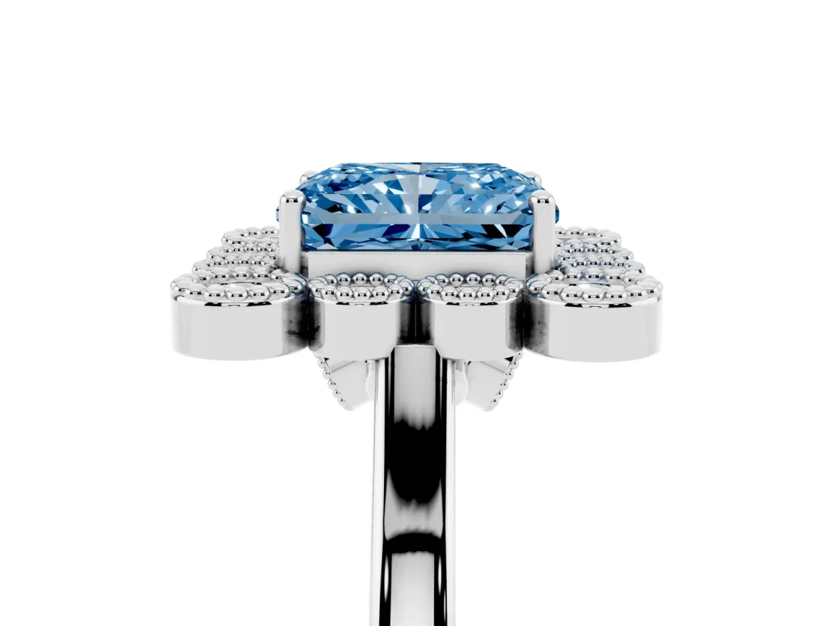 Fancy Blue Radiant Cut Halo Diamond Cluster Engagement Ring with Milgrain Bezel Setting and Solitaire Band Silver