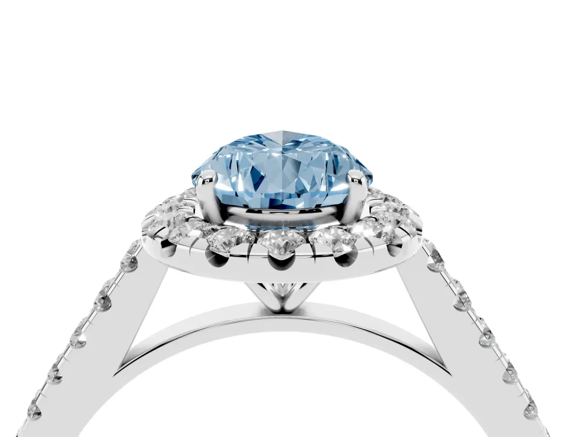 Fancy Blue Pear Cut Halo Pave Diamond Engagement Ring with Four-Prong Setting Silver