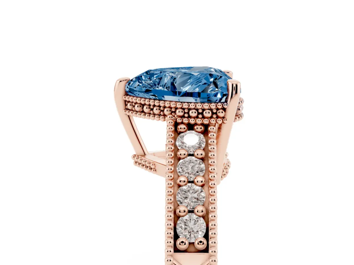 Fancy Blue Heart Cut Solitaire Pavé Diamond Milgrain Engagement Ring with Four-Prong Setting Rose gold