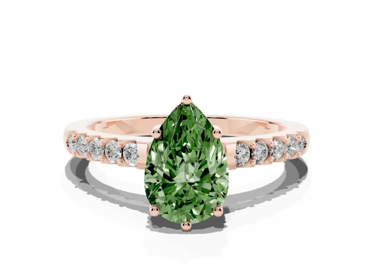 Fancy Green Pear Cut Solitaire Diamond Engagement Ring with Pavé Band and Six-Prong Setting Rose gold