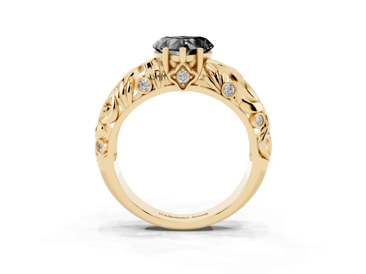 Fancy Black Heart Cut Solitaire Diamond Leaf-Inspired Vine Band Ring with Prong Setting Yellow gold