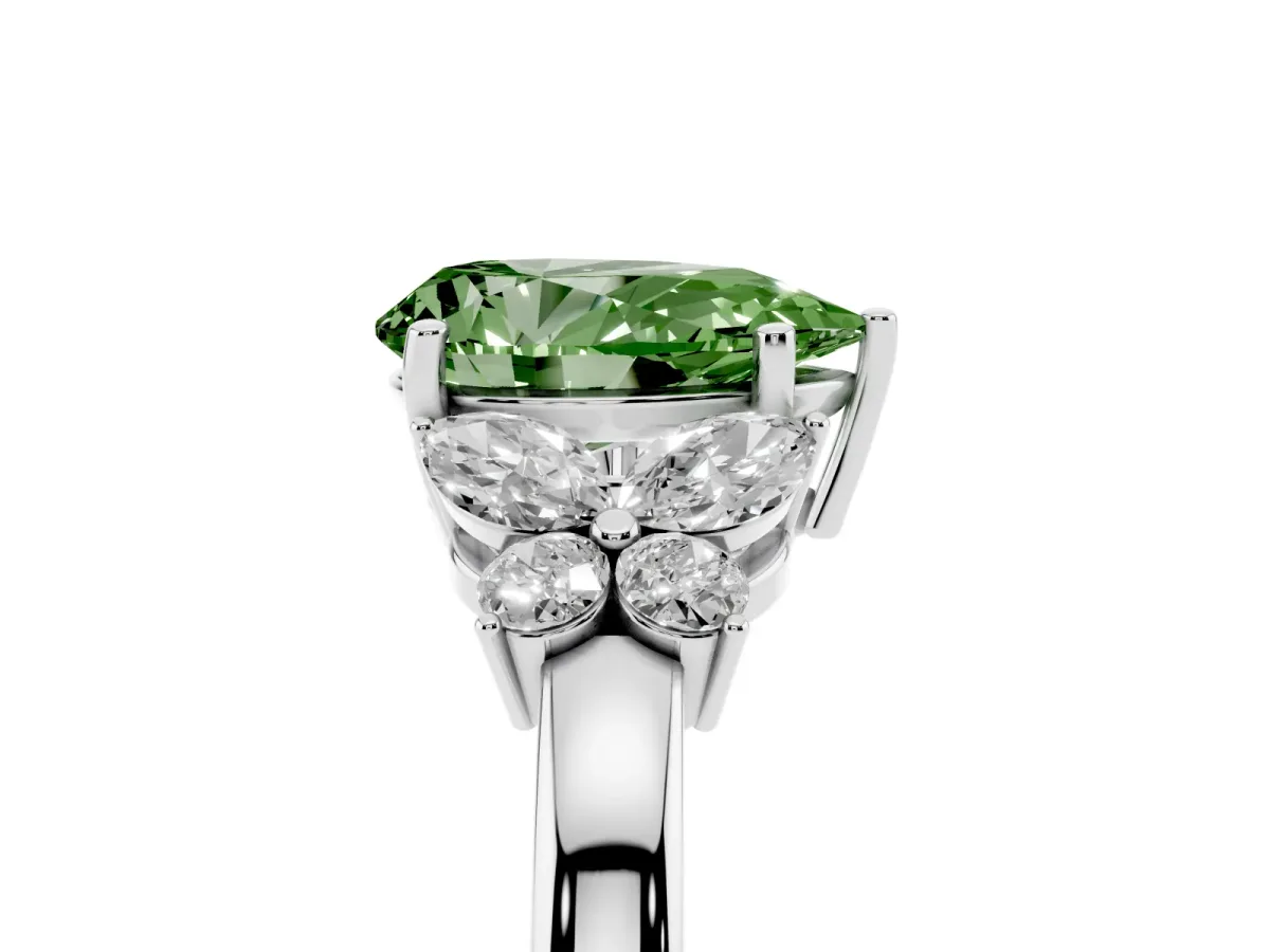 Fancy Green Pear Cut Cut Solitaire Floral Diamond Ring with Four-Prong Setting Silver