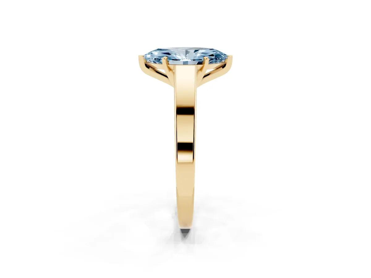 Fancy Blue Marquise Cut Solitaire Engagement Ring with Four-Prong Setting and Tapered Band Yellow gold
