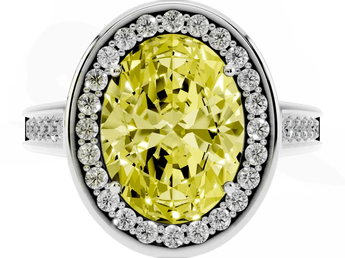 Fancy Yellow Oval Cut Halo Solitaire Diamond Ring with Pave Band and Bezel Setting Platinum
