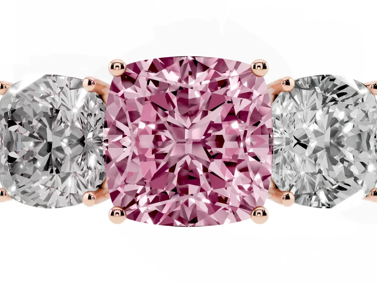 Fancy Pink Cushion Cut Diamond Three-Stone Ring with Prong Setting and Textured Band Rose gold