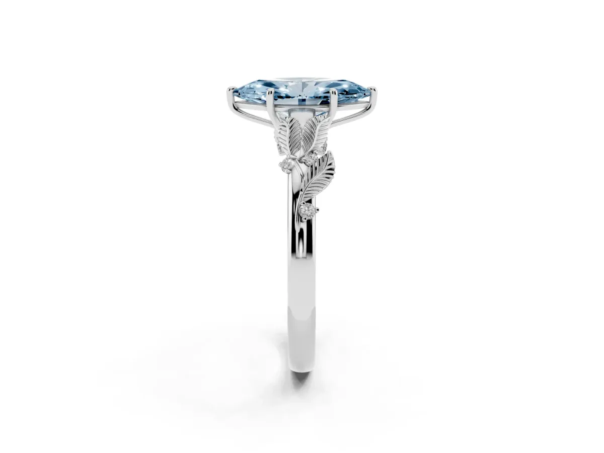 Fancy Blue Marquise Cut Diamond Solitaire Ring with Leaf Motif Band and Four-Prong Setting Platinum