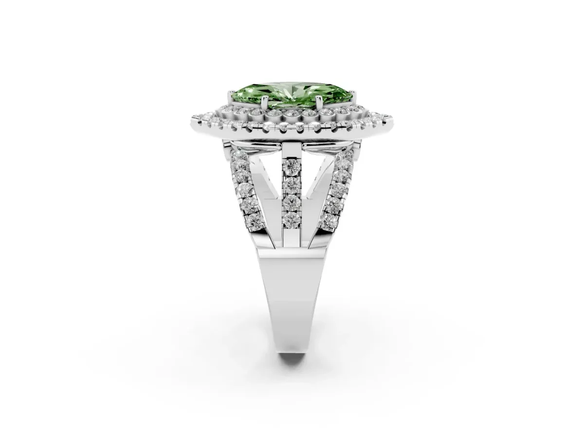 Fancy Green Marquise Cut Diamond Double Halo Ring with Round Pavé Split Shank and Prong Setting White gold