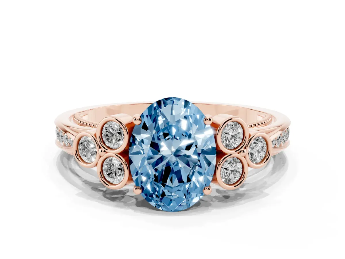 Fancy Blue Oval Cut Cut Diamond Engagement Ring with Bezel Set Round Side Stones and Prong Setting Rose gold