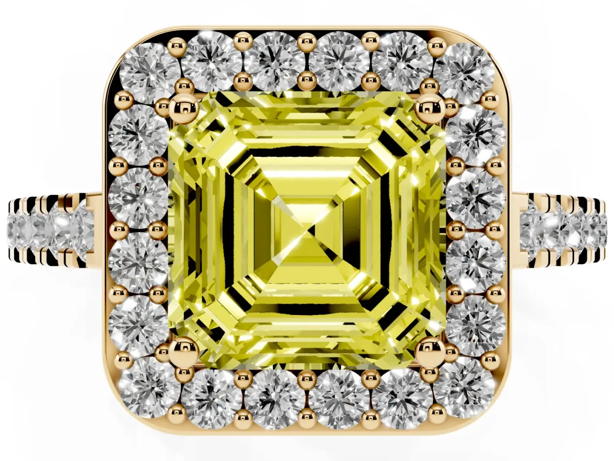 Fancy Yellow Asscher Cut Diamond Halo Ring with Round Pavé Split Shank and Prong Setting Yellow gold