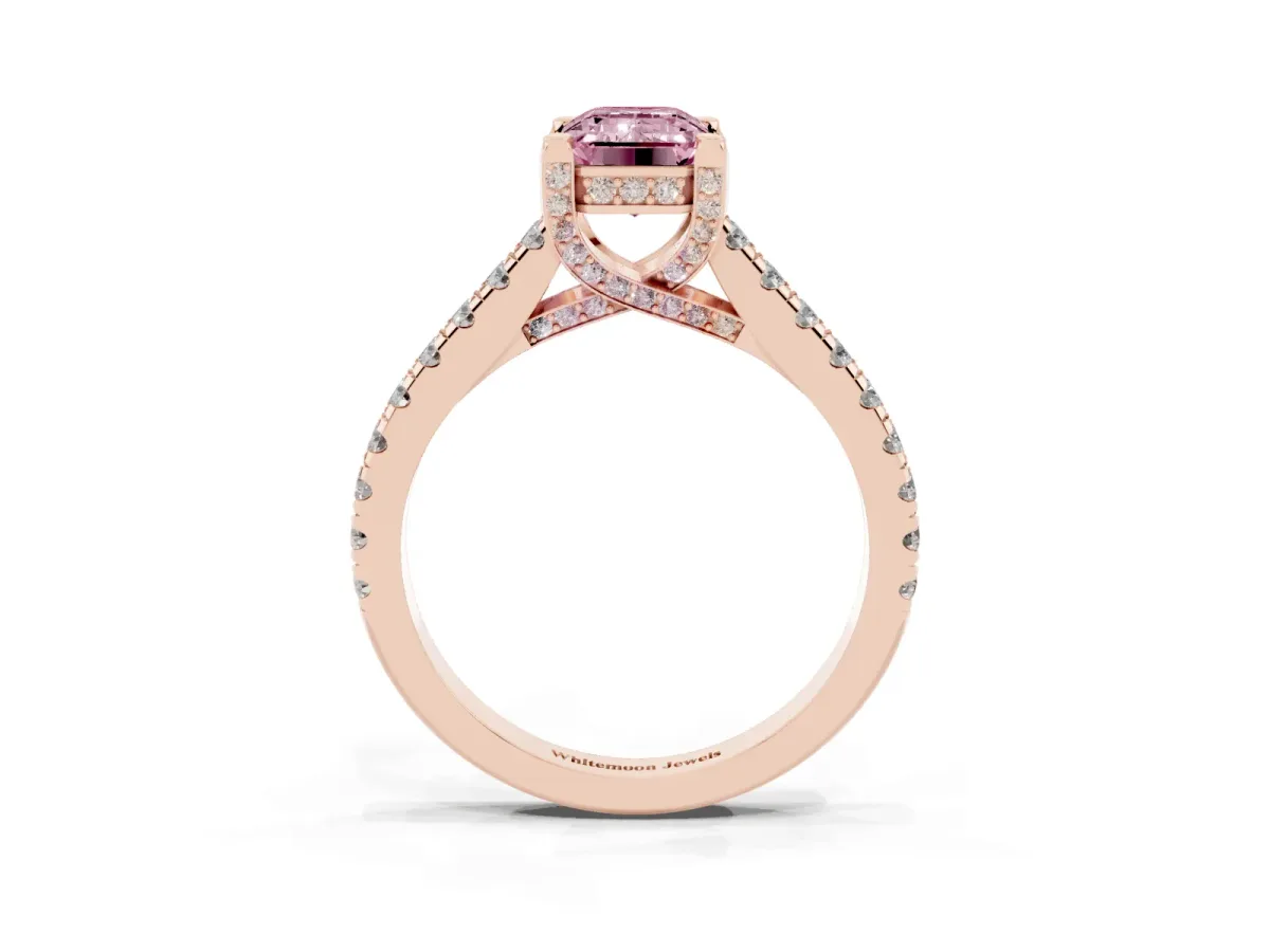 Fancy Pink Emerald Cut Brilliant Diamond Solitaire with Pavé Band and Four-Prong Setting Rose gold
