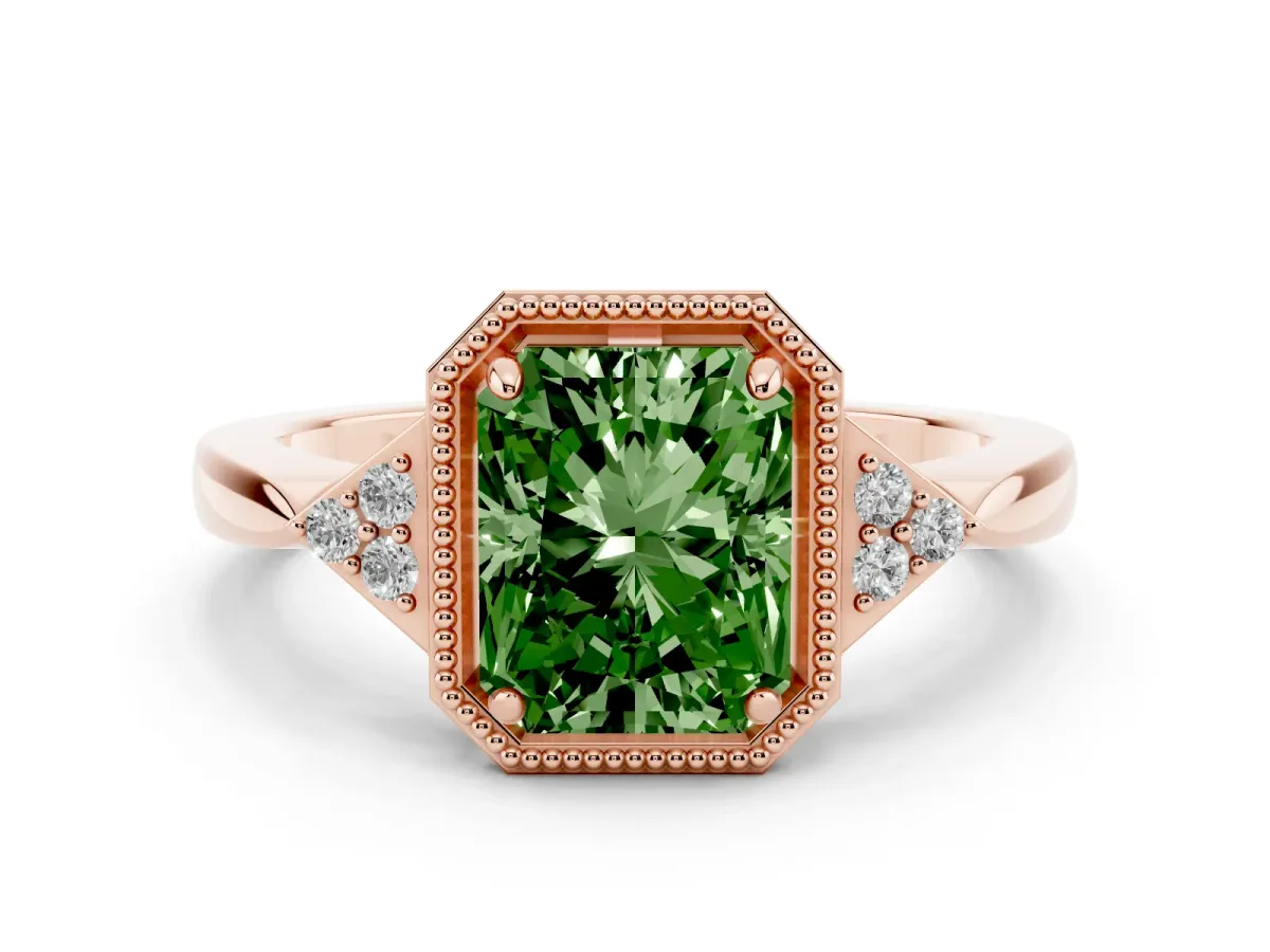 Fancy Green Hexagonal Halo Radiant Cut Diamond Solitaire with Pavé Band and Four-Prong Setting Rose gold