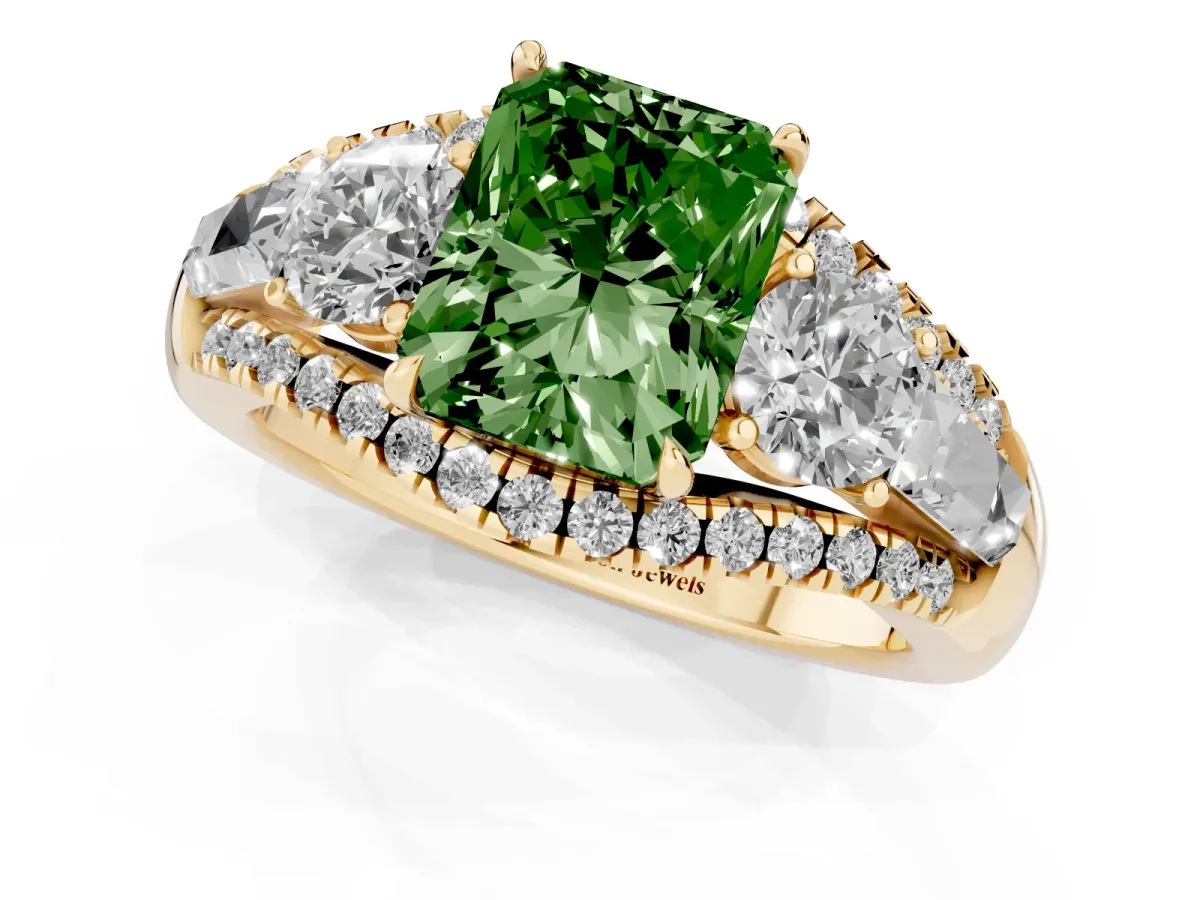 Fancy Green Three-Stone Radiant Cut Diamond Engagement Ring with Pave Band and Prong Setting Yellow gold