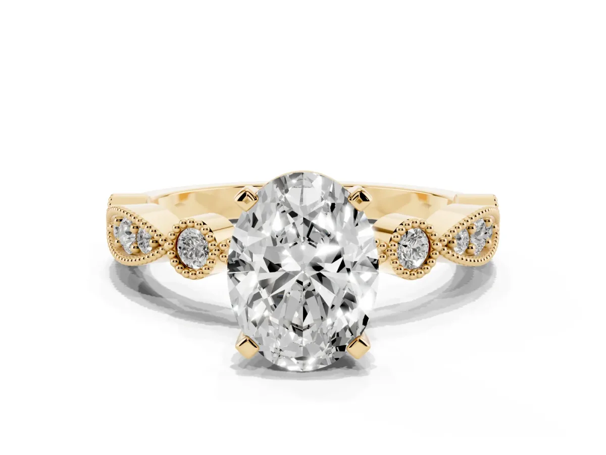 Oval Cut Milgrain Bezel Diamond Engagement Ring with Solitaire Prong Setting Yellow gold