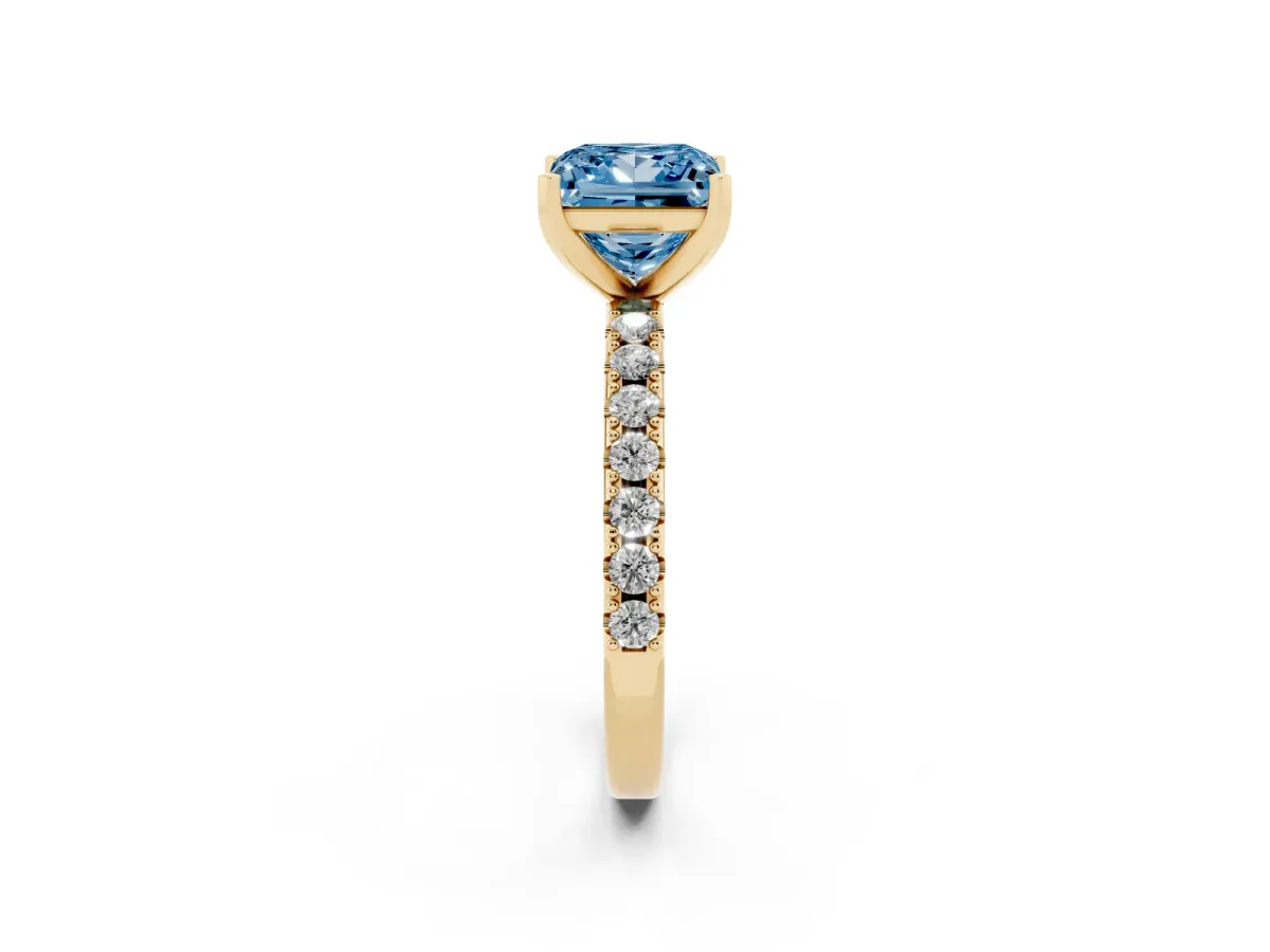 Fancy Blue Princess Cut Diamond Solitaire Pavé Band with Four-Prong Setting Yellow gold