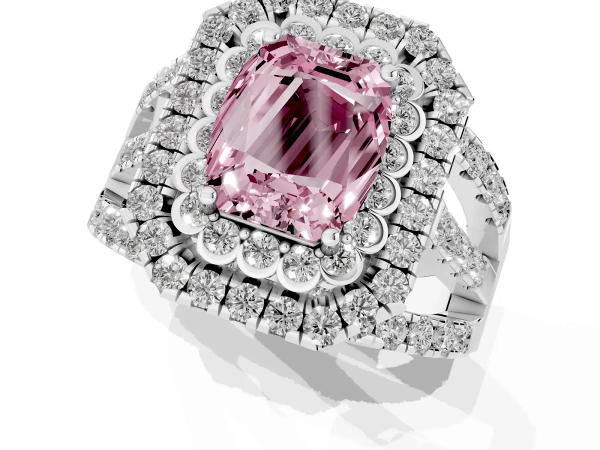 Fancy Pink Emerald Cut Diamond Double Halo Ring with Round Pavé Split Shank and Prong Setting Silver