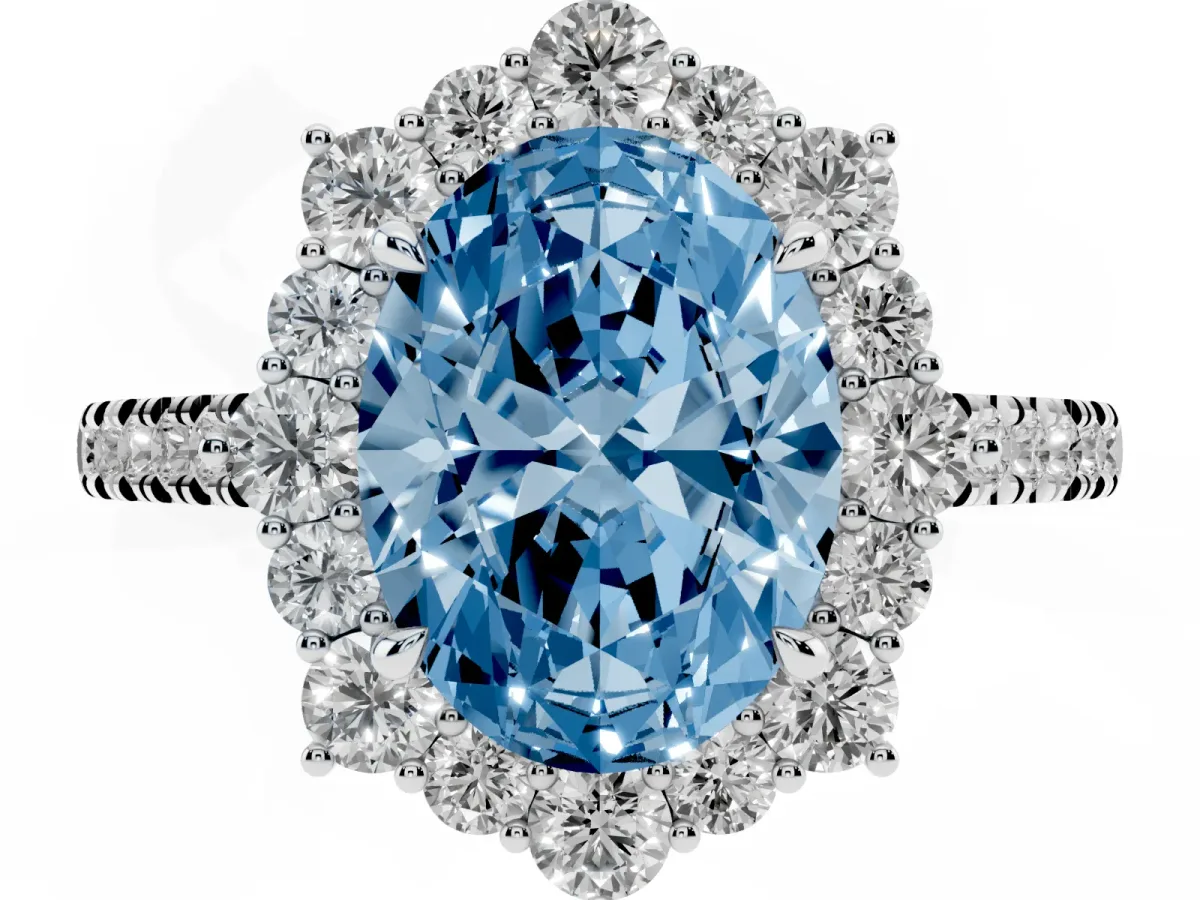 Fancy Blue Oval Cut Halo Diamond Ring with Pavé Band and Prong Setting Silver