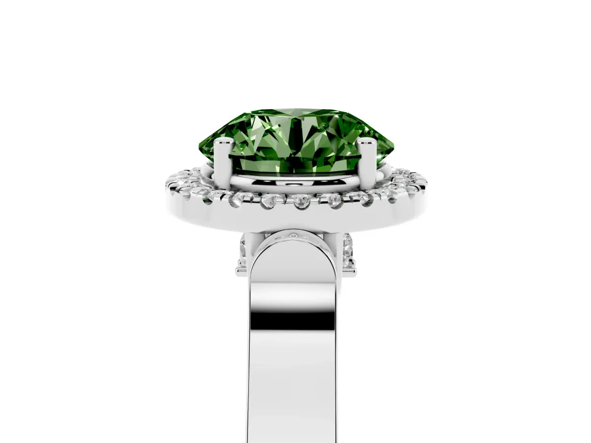 Fancy Green Round Cut Halo Round Diamond Twist Band with Four-Prong Setting White gold