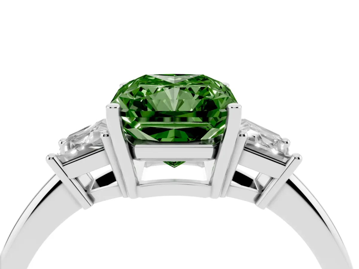 Fancy Green Radiant Cut Diamond Three-Stone Ring with Trapezoid Side Stones and Prong Setting Silver