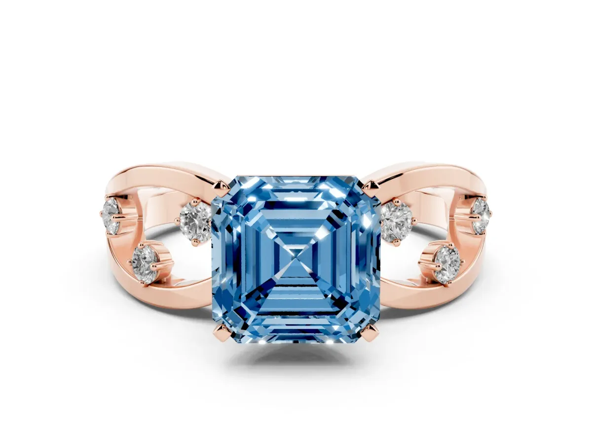 Fancy Blue Asscher Cut Cut Solitaire Diamond with Side Stones on Criss-Cross Band and Four-Prong Setting Rose gold