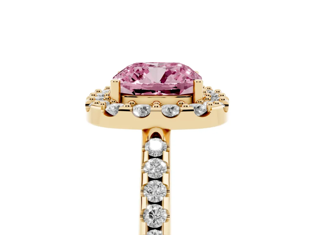 Fancy Pink Cushion Cut Diamond Pavé Halo Ring with Four-Prong Setting Yellow gold