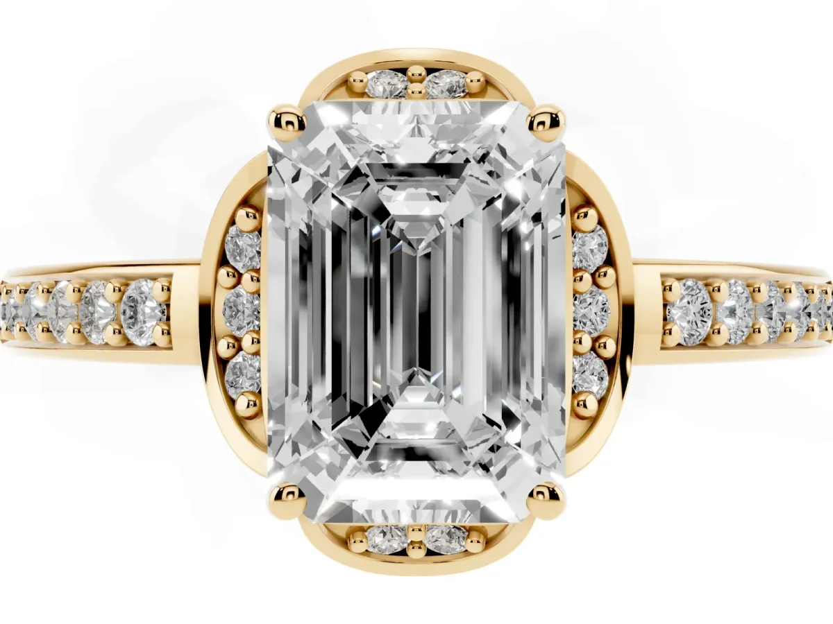 Emerald Cut Cut Halo Diamond Ring with Channel Set Band and Four-Prong Setting Yellow gold