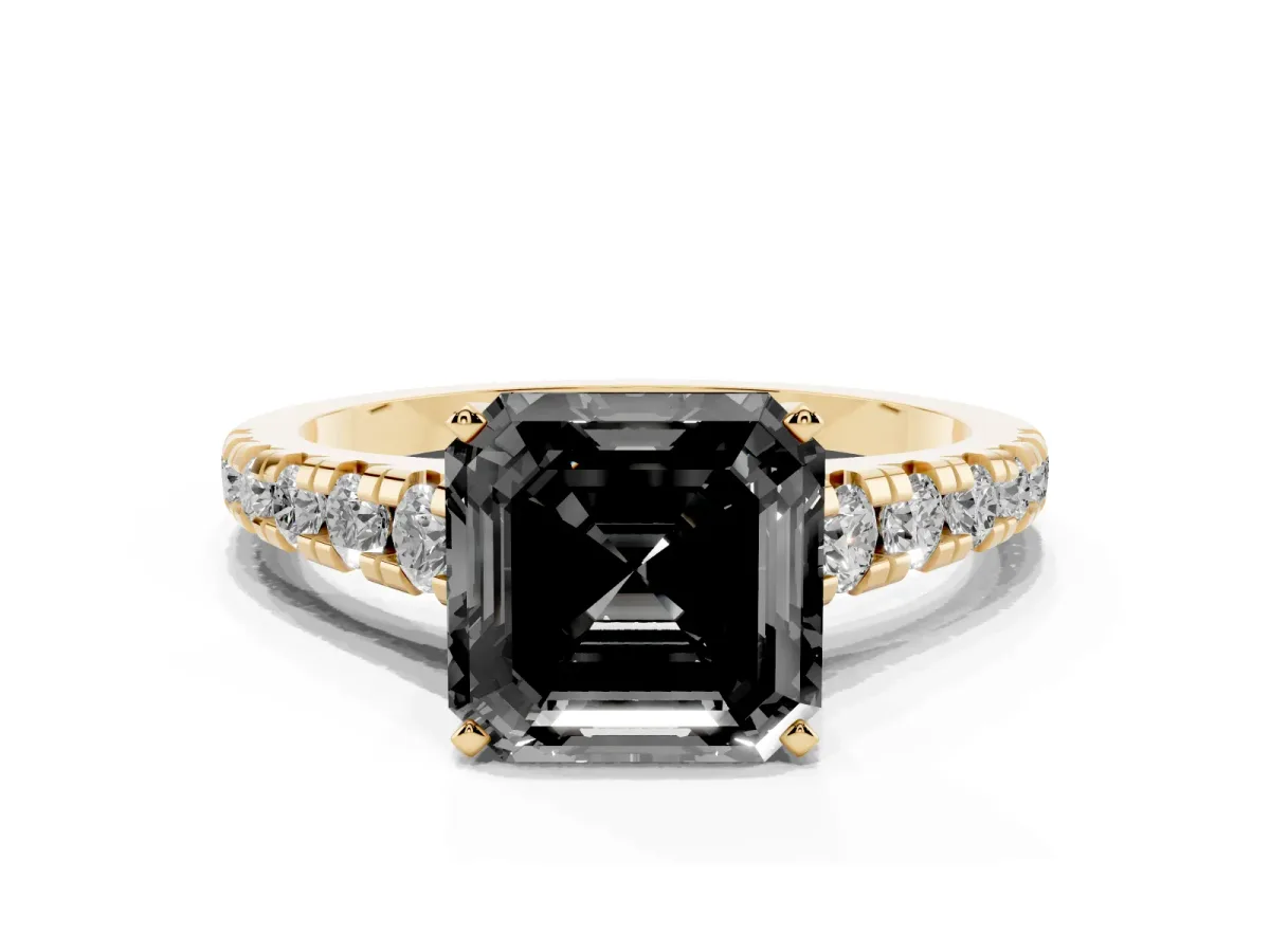 Fancy Black Asscher Cut Diamond Cathedral Solitaire Ring with Round Pavé Band Yellow gold
