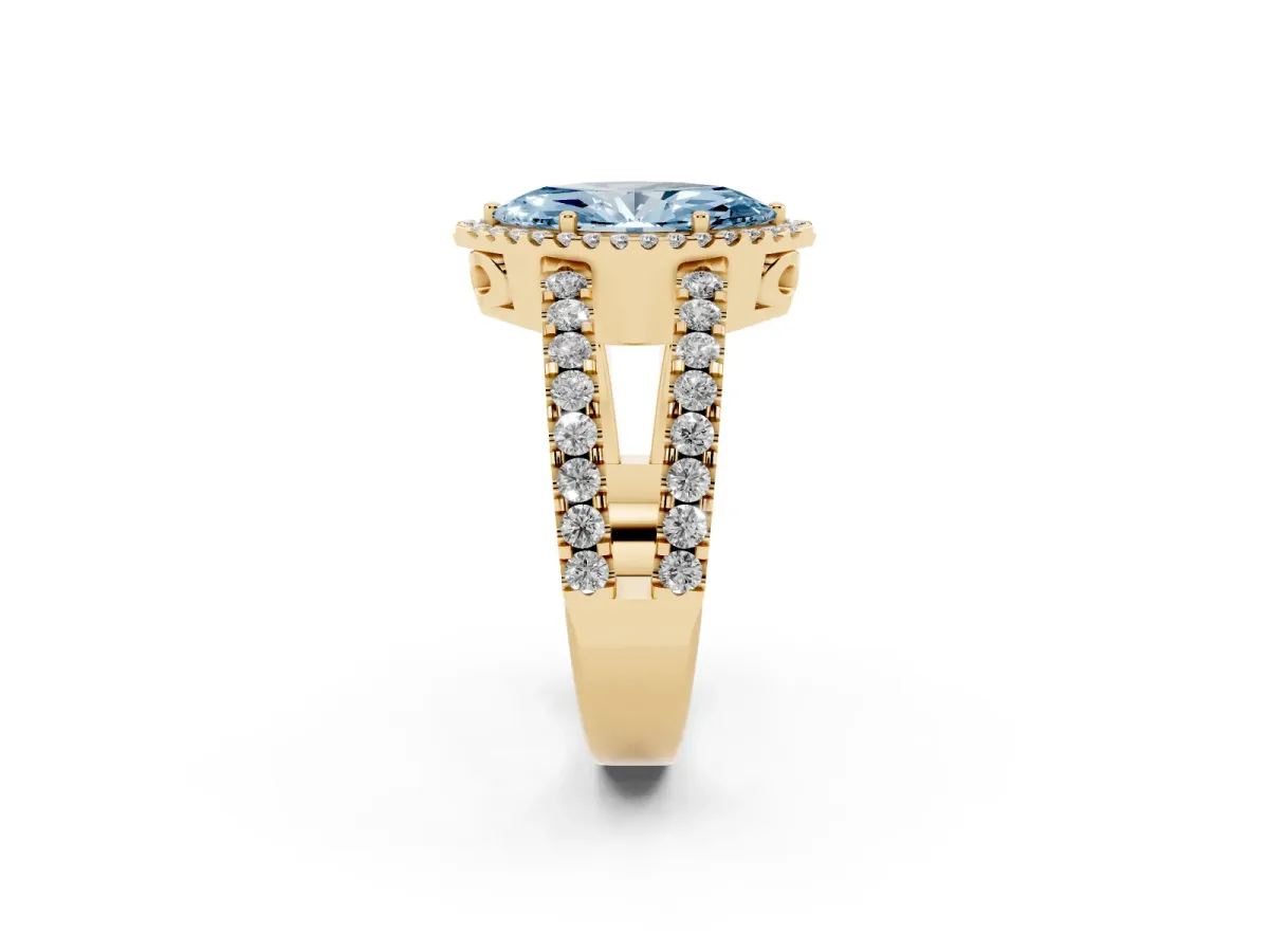 Fancy Blue Marquise Cut Cut Halo Split Shank Diamond Ring with Four-Prong Setting Yellow gold