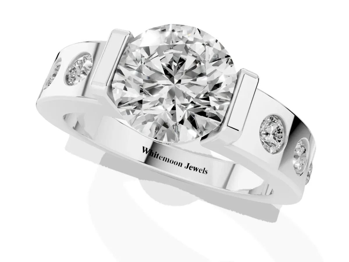 Round Cut Brilliant Channel-Set Diamond Ring with Bezel Prong Setting Silver