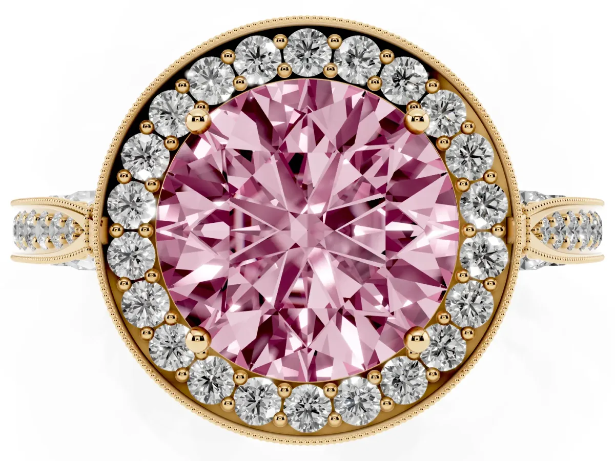 Fancy Pink Round Cut Halo Diamond Engagement Ring with Split Shank Band and Four-Prong Setting Yellow gold