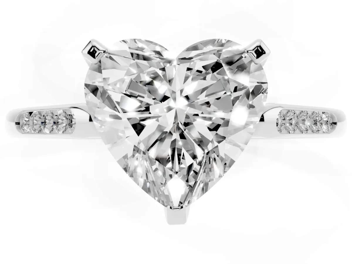 Heart Cut Diamond Solitaire Ring with Channel Set Round Band and Prong Setting Silver